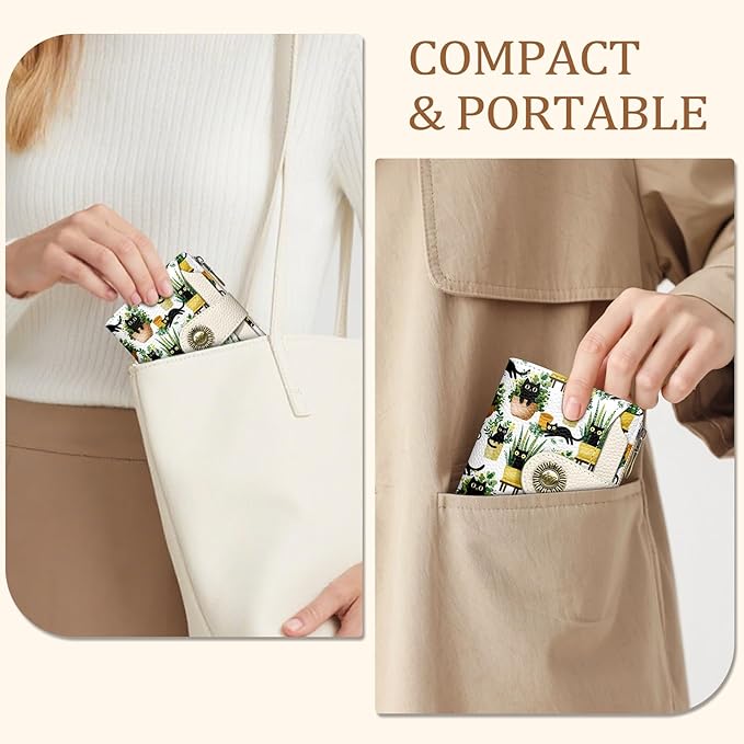 Black Cat Small Wallet Women RFID Blocking Bifold, Cute Credit Card Holder, Zipper Coin Pocket, Compact, Travel, PU Leather, 4 ID Window, 14 Card Slots, Cash Purse, Ladies Woman Female Girls