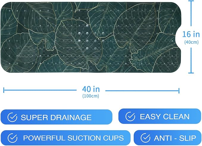 Palm Leaves Bathtub Mat Non Slip 40x16in Palm Leaf Extra Long Bath Mat for Tub Tropical Banana Leaf Plant Anti Slip Shower Mat for Bathroom with Large Drain Holes Suction Cups Quality Bath Mats Decor