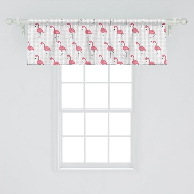 Ambesonne Pink Flamingo Window Valance Pack of 2, Cartoon Birds on Pastel Colored Checkered Background Wild Nature, Rod Pocket Curtain Valances for Kitchen Bedroom, 54" X 18", Pale Grey Coral Black