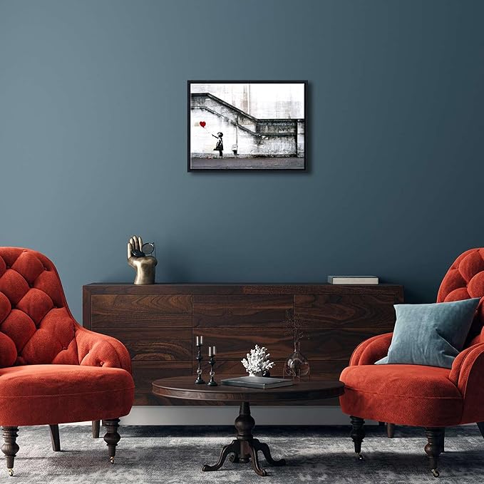 Wieco Art Framed Canvas Wall Art Giclee Canvas Prints of Banksy Grafitti Girl with Red Balloon Abstract Artwork for Wall Decor Home Decorations Black Frame