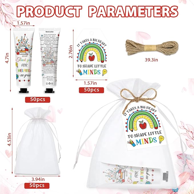 50 Pcs Hand Cream Gifts Bulk Teacher Appreciation Gifts Include Organza Bags Thank You Tags Inspirational for Women Girls Travel, Party Moisturizing Hand Lotion Gift