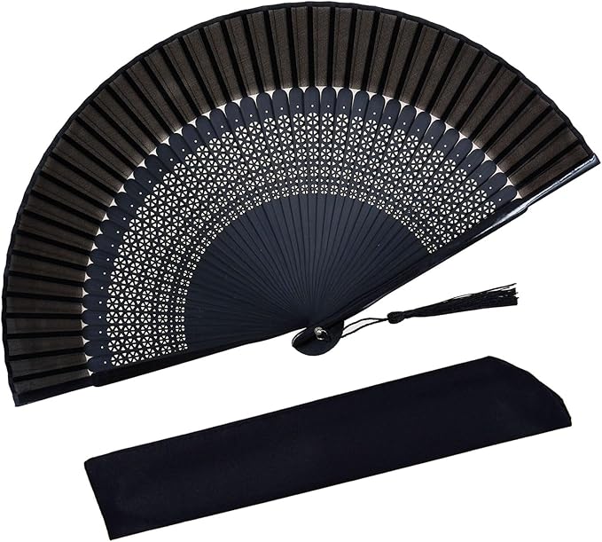 Hand Held Fan for Women Foldable, Chinese Japanese Vintage Bamboo Silk Folding Fans Hand Fan for Dance Music Festival Wedding Church Decoration (Black-O)