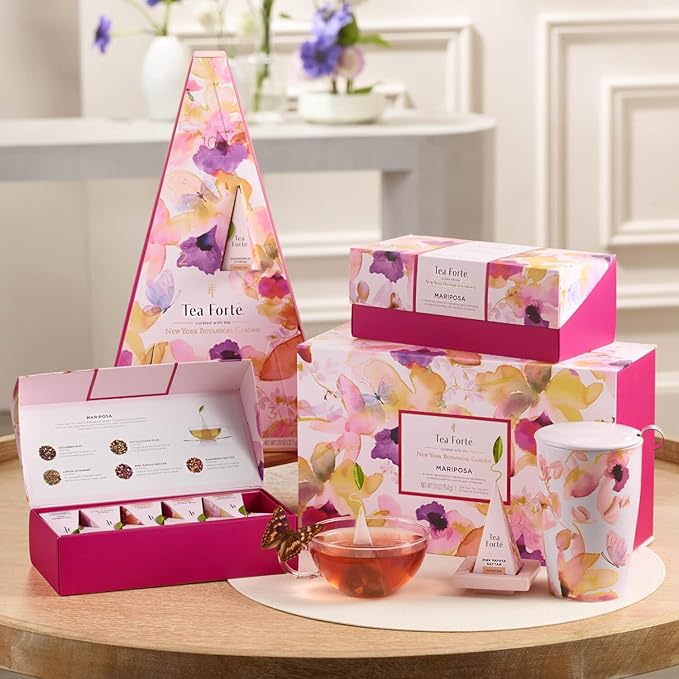 Tea Forte Premium Petite Presentation Box Gift Set Sampler, 10 Count, 2 of Each Blend Individually Wrapped Handcrafted Pyramid Infuser Bags, Mariposa Tea