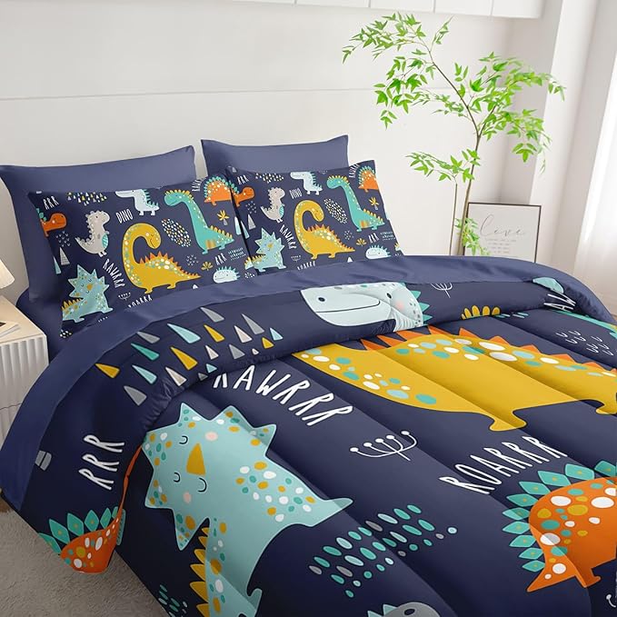 7Pcs Comforter Set Cartoon Dinosaur Printed Bedding Set with 1 Comforter, 1 Flat Sheet, 1 Fitted Sheet and 4 Pillowcases for Boys and Girls Bedroom All Season(Full)
