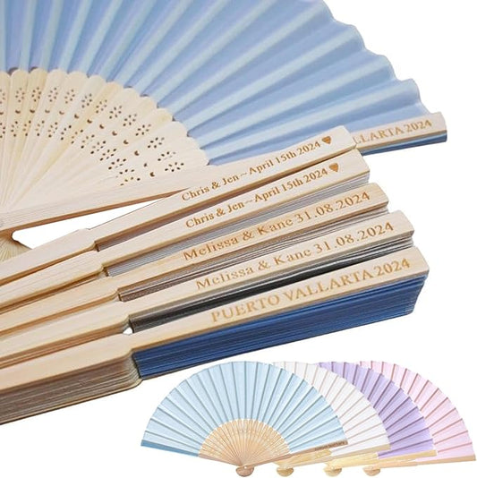 Personalized Engraved Light Blue Fans Folding Hand Fans 90 Pcs, Summer Wedding Fans, Custom Imitated Silk-Bamboo Fans for Guests Wedding Party Favor Bridal Shower Gifts Party Decoration
