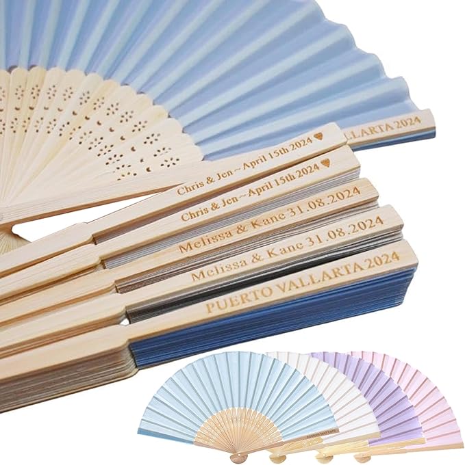 Personalized Silk-Bamboo Folding Fans, 30 Pcs, Light Blue, Wedding & Party Decoration, Custom Engraved, Foldable, 8.2" x 1" x 1" (Closed), 15" x 8.26" (Open)