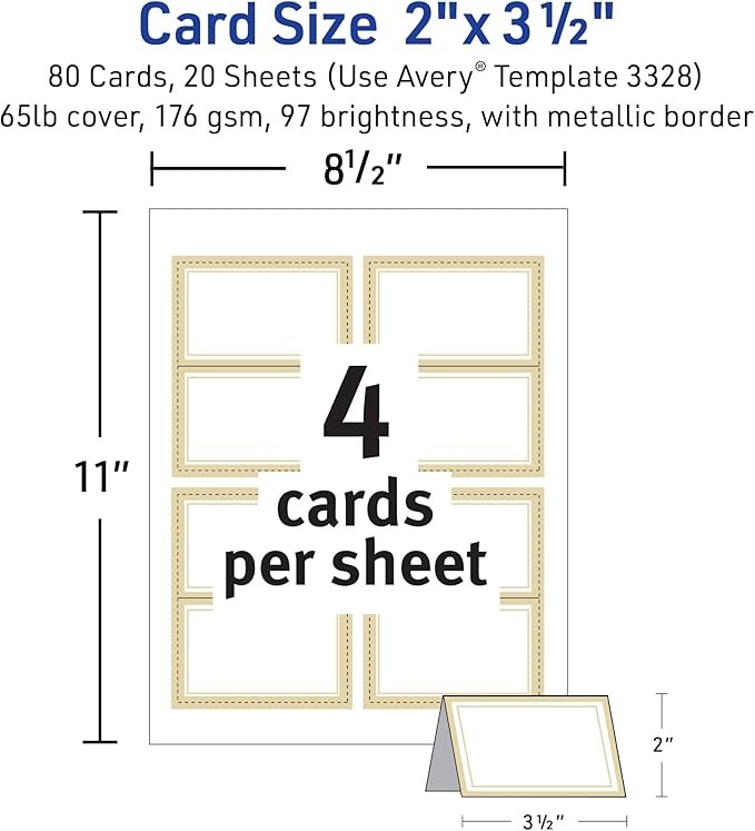 Avery Printable Tent Cards, 2" x 3.5", White, Metallic Gold Borders, Laser/Inkjet Printable, 80 Blank Place Cards (3328)