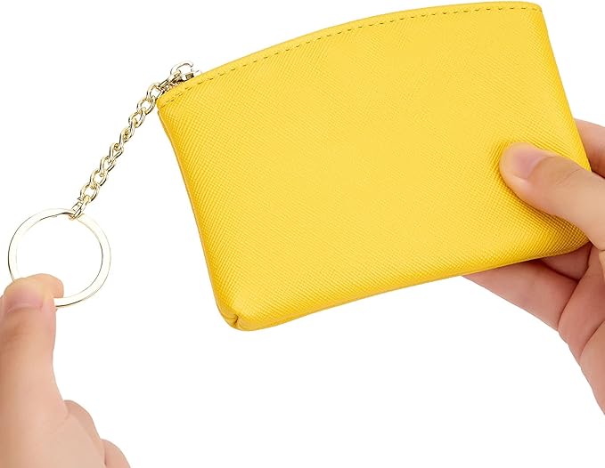 WOZEAH Artificial Leather Coin Purse Change Purse With Key Chain Ring Zipper For Men Women (Yellow)
