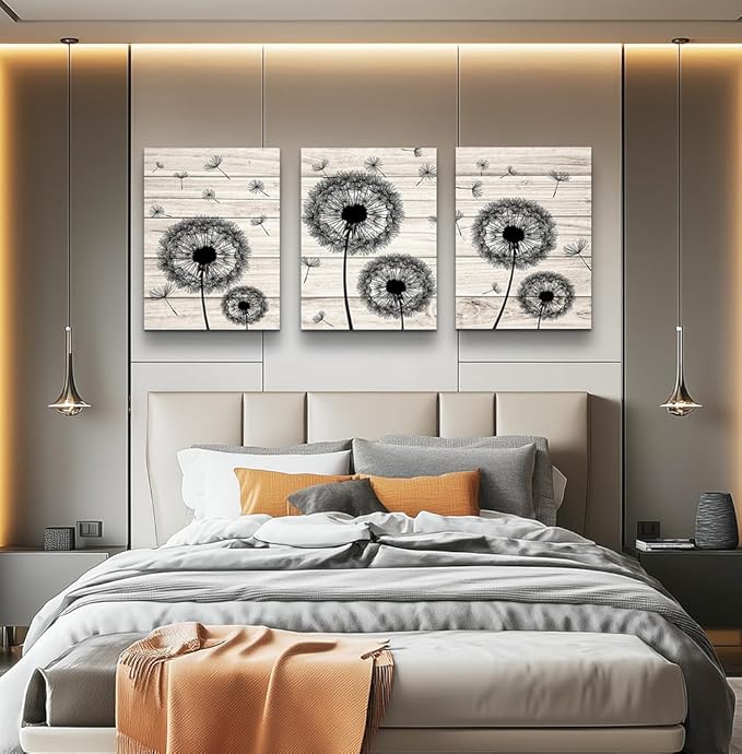 Wall Decor For Living Room Canvas Wall Art For Bedroom Fashion Wall Decorations For Kitchen Abstract Paintings Office Canvas Art Black Dandelion Flowers Hang Pictures Artwork Home Decoration 3 Pieces