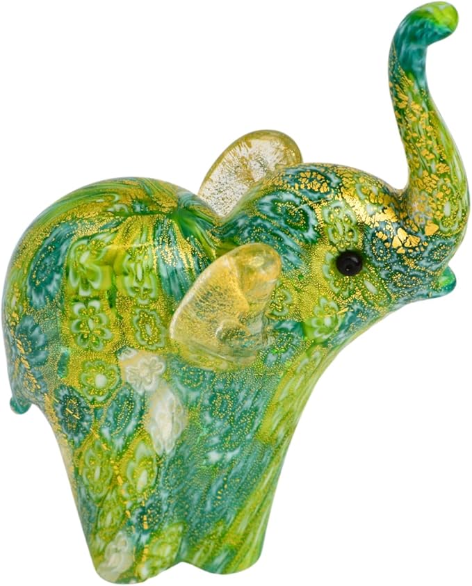 Handmade Murano Glass Elephant Figurine, Green Millefiori with 24K Gold Finish, 4" Tall, Elephant Statue Decor, Gold Elephant Statue, Home Décor Accents, Tiny Elephant Figurine, Made In Italy