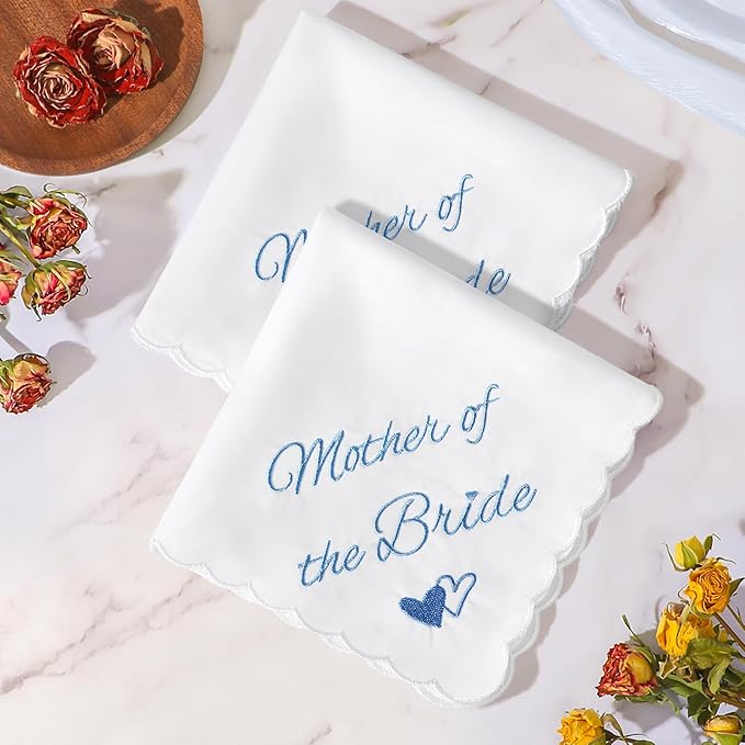 Wedding Handkerchief Something Blue for Bride, Mother Father of the Brides Groom Gifts, Embroidered Happy Tears Cotton Hanky