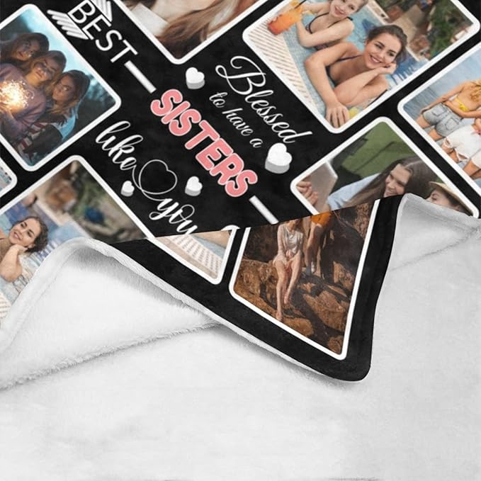 Custom Blanket Gifts with Photos, Personalized Bed Throws for Sisters, Custom Souvenir Throw Blanket for Best Sisters, 8 Collages Made in USA