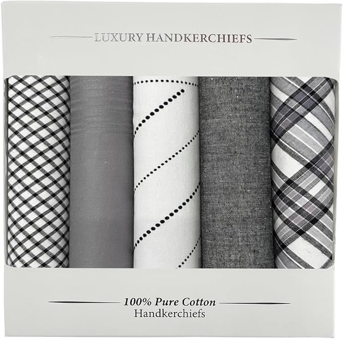 5 Pack Handkerchief Mens Cotton Luxury Hot Silver Gift Box Set, Vintage 40x40cm Fancy Design Pocket Square Hankie Gift Pack