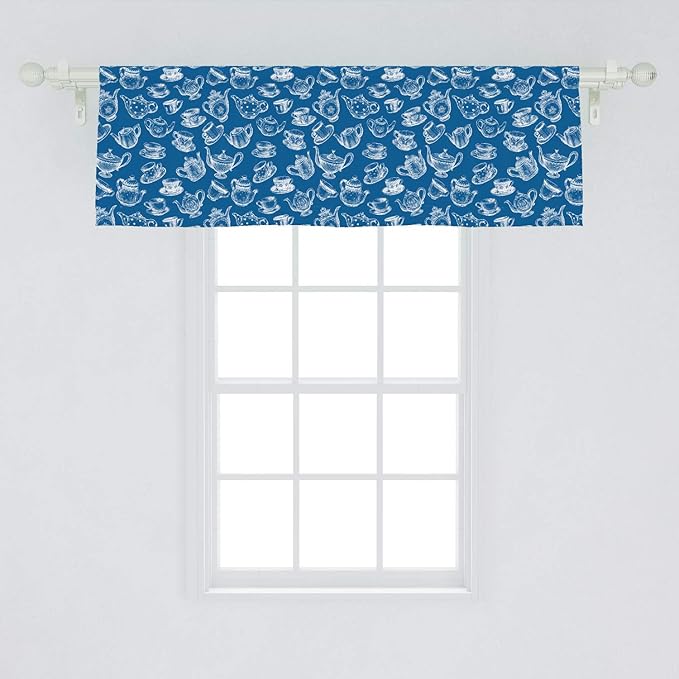 Ambesonne Teapot Window Valance, Rhythmic Engraving Sketch Style Dotted Pots Tea Vintage Cups Pattern, Curtain Valance for Kitchen Bedroom Decor with Rod Pocket, 54" X 18", Cobalt Blue and White