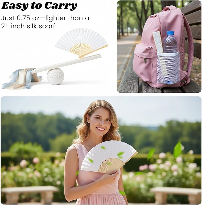 JOHOUSE 12 Pcs White Paper Fans Handheld – 8.3 Inch Foldable Hand Fan, Folding Fans Handheld for Women, Paper Fan for Wedding Guests, Bridal & Baby Shower Favors, Party Decorations