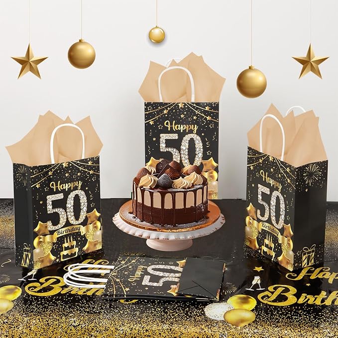 50Pcs 50th Birthday Party Favors Gift Bags Bulk, Black and Gold Happy 50th Gift Candy Wrap Bags with Tissue Paper, Vintage 50th Birthday Decorations Souvenir Bag for Men Women Anniversary Supplies (50th)