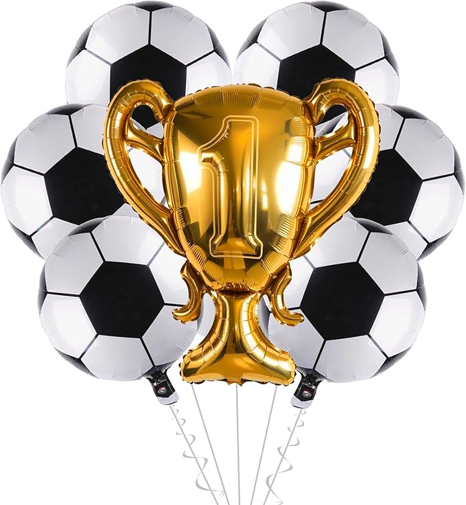Soccer Party Balloons Set, 32 Inch Champion Trophy Mylar Foil Balloon and 6pcs Football Helium Foil Balloons, Sport Decor for Boys Kids Soccer Ball Fans Birthday Party Decoration Supplies