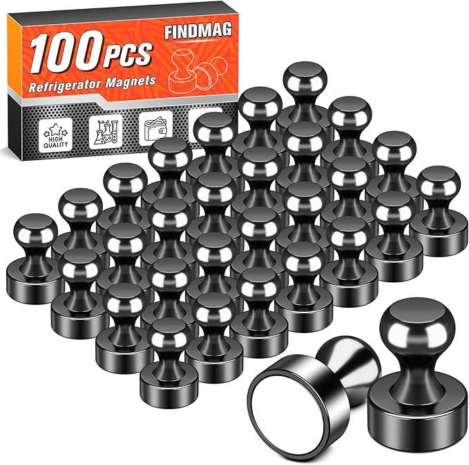 FINDMAG Refrigerator Magnets, 100 Pack Industrial Strength Fridge Magnet, Jumbo Bulk Heavy Duty Magnetic Push Pins, Black Dry Erase Board Magnets for Whiteboard, Home Decor, Classroom, Map Decorative