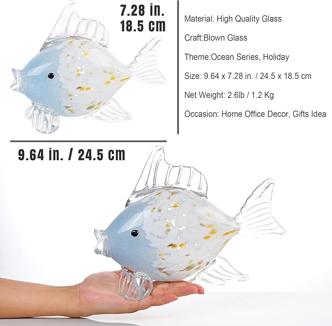 Ornalrist Blown Glass Fish Statue - Handmade Ocean Decor for Living Room, Blue Colorful Fish Gifts for Women, Mom, Friends, Lovers