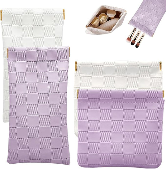 4PCS Small Makeup Bag for Purse, Mini Leather Pocket Cosmetic Bag for Women, Waterproof Portable Makeup Pouch No Zipper Coin Purse Lipstick Bag Accessories, Checkered Travel Storage Bag(White,Purple)