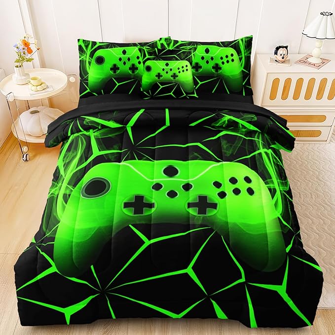 6Pcs Gaming Comforter Sets for Boys, Cool Green Lightnings Bed in A Bag Full Size Gamer Bedding Set for Boys Kids