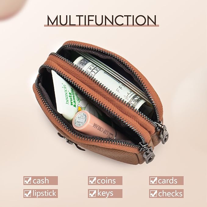 imeetu Women Leather Coin Purse, Small 2 Zippered Change Pouch Wallet