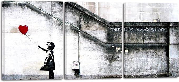 Wieco Art Banksy Grafitti Girl with Red Balloon Modern 3 Piece Famous Canvas Paintings Wall Art Inspirational Grey Love Pictures Print Artwork for Dining Room Kitchen Home Office Decor