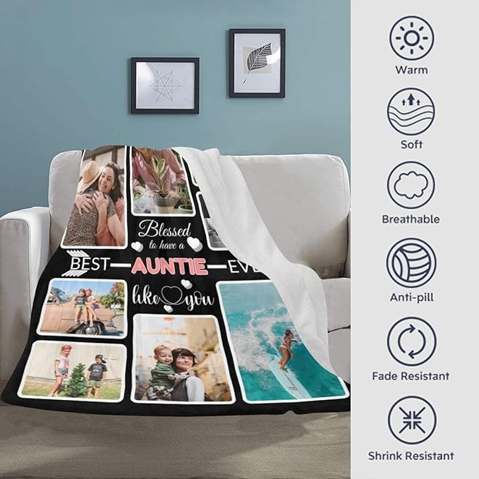 Custom Blanket Gifts with Photos, Personalized Bed Throws for Aunt, Custom Souvenir Throw Blanket for Best Aunt Ever, 8 Collages Made in USA