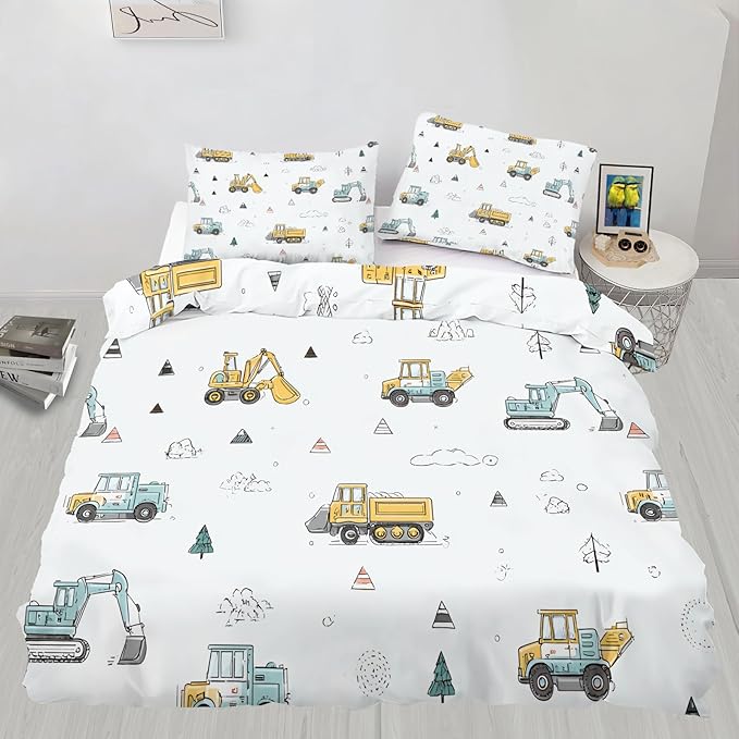 Excavator Bulldozer Duvet Cover Oversized King Cartoon Construction Vehicles Bedding Set Children's Cartoon Car Comforter Set Colorful Engineering Quilt Cover with Zipper Ties for Bedroom