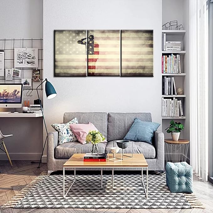 Native American Art Wall Decor USA Flag Paintings 3 Panel Wall Art Stars Stripes Artwork for Living Room Patriotic Pictures on Canvas House Decoration Framed Gallery-Wrapped Ready to Hang(42''Wx20''H)