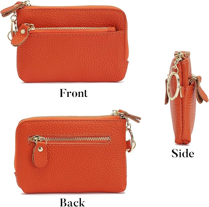 Genuine Leather Coin Purse for Women with Large Opening & Wrist Strap Navy (Orange)