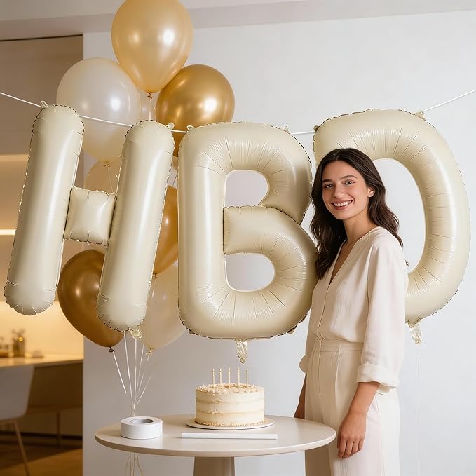 40 Inch Cream HBD Balloons for Boho Birthday Party Decorations, Giant Beige HBD Letter Foil Mylar Balloon Banner Helium Supported, Ivory White Sand Neutral Happy Birthday Sign for Girls Women Boys Men