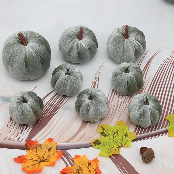 Woration 8pcs Fall Pumpkin Home Lake Green Décor Rustic Artificial Fake Velvet Fabric Pumpkins Harvest Thanksgiving Kitchen Farmhouse Wedding Festival Decorations