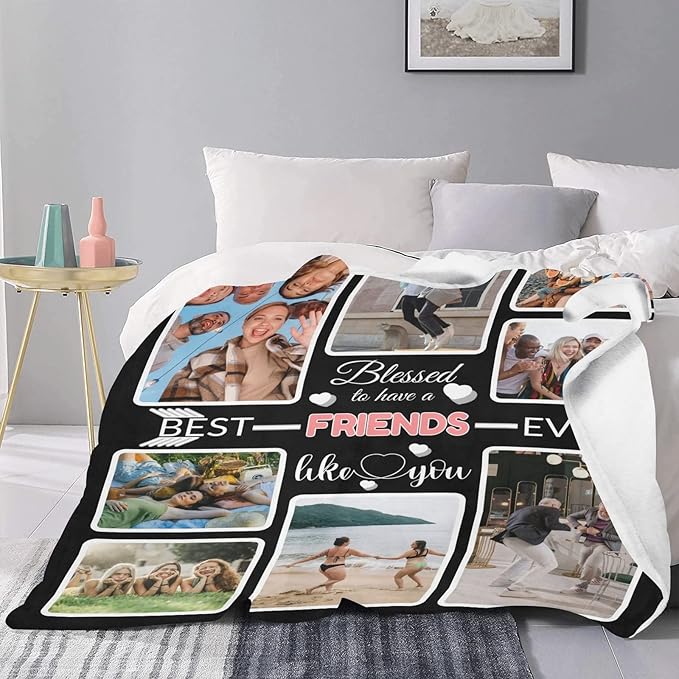 Custom Blanket Gifts with Photos, Personalized Bed Throws for Friends, Custom Souvenir Throw Blanket for Best Friends, 8 Collages Made in USA