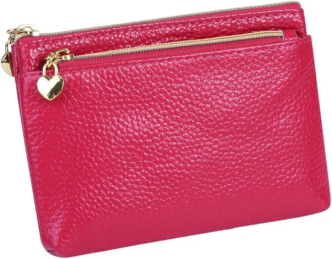 Women's Genuine Leather Coin Purse Zipper Pocket Size Pouch Change Wallet, Rose