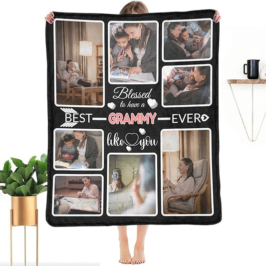 Custom Blanket Gifts for Grammy, Customized Blankets with Photos, Make a Personalized Bed Throws to My Grammy, Custom Souvenir Throw Blanket for Best Grammy Ever, 8 Collages Made in USA