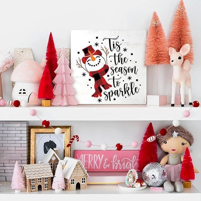 Mtrgdn Christmas Snowman Decor Sign,Winter Tis the Season to Sparkle Snowman Wooden Box Sign,Christmas Decorations for Home Bathroom Bedroom Office Table Desk Shelf Wall Decoration,5x5 Inch