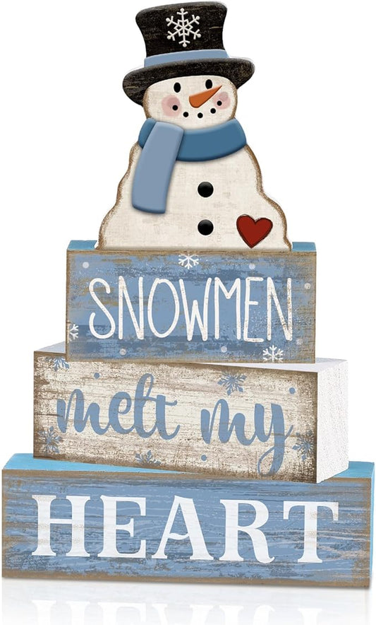 4 Pcs Winter Table Decorations Blue and White Snowman Decor Winter Tiered Tray Decor Christmas Table Centerpiece Rustic Decorative Snowmen Block Signs Gift Farmhouse for Home Kitchen Shelf