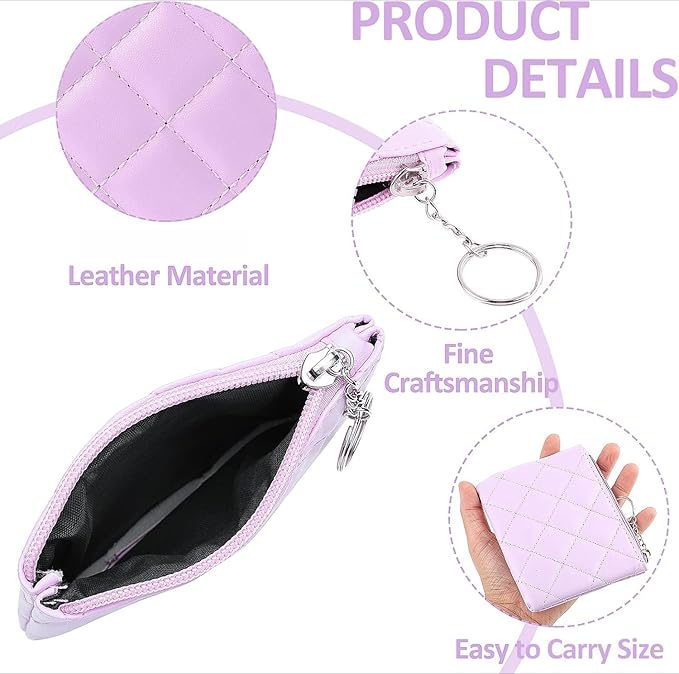 Real Leather Coin Purse with Rhombus Embroidery Zipper Keychain Mini Wallet for Women & Men (Purple)