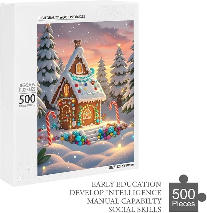 Wooden Puzzle - Christmas Gingerbread House and Candy Jigsaw Puzzles，Wooden Puzzles for Adults 500 Pieces Challenge Puzzles，Educational Games，Family Puzzles，Unique Gifts for Wall Art