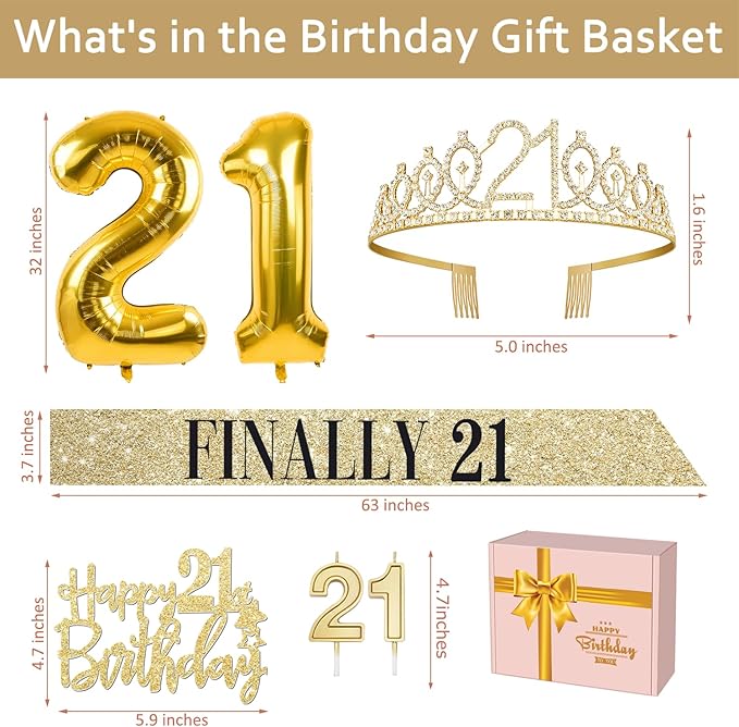 21st Birthday Decorations for Her Gold with 21st Birthday Sash and Tiara, Cake Topper and candles, Number Balloons, 21 Year Old Gifts for Her