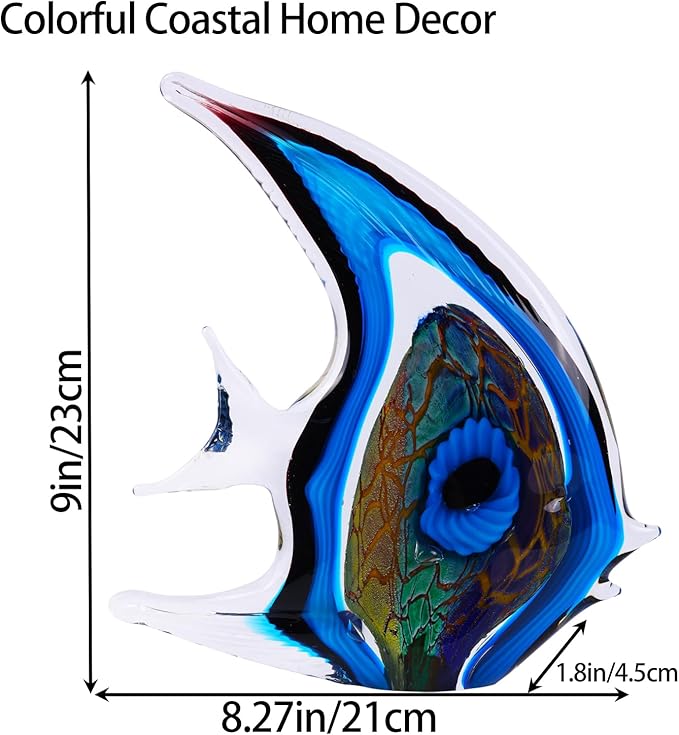 DOVDOV Hand Blown Glass Fish Sculpture, Blue and Colored Glass Fish Decorations, Colorful Home Decorations for Bookshelf, Office, Living Room TV Stand, Room Decor Aesthetics.