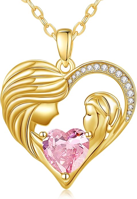 Mother and Daughter/Son Love Heart Necklace White Gold/14K Gold/Rose Gold Birthstone Jewelry Christmas Mothers Day Birthday Gifts For Mom Wife Grandma Women