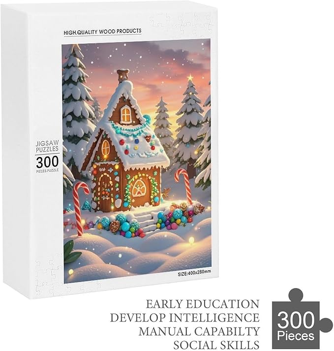 Wooden Puzzle - Christmas Gingerbread House and Candy Jigsaw Puzzles，Wooden Puzzles for Adults 300 Pieces Challenge Puzzles，Educational Games，Family Puzzles，Unique Gifts for Wall Art