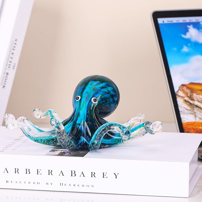 LCCCK Glass Octopus Statue Home Decor, Hand Blown Glass Decor Ocean Figurines Octopus Sculpture, Murano Art Office Desk Paperweights Fish Tank Aquarium Sea Animals Christmas Birthday Gift