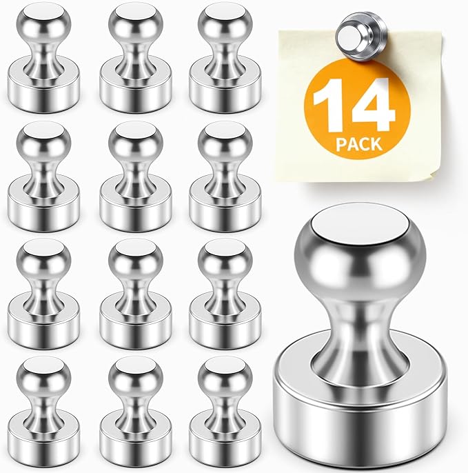 FINDMAG Fridge Magnets, Strong Small Silver Refrigerator Magnets, Decorative Magnet for Dry Erase Board, Strong Magnetic Push Pins for Whiteboard, Office, Classroom, Kitchen, Photos, 14 Pack
