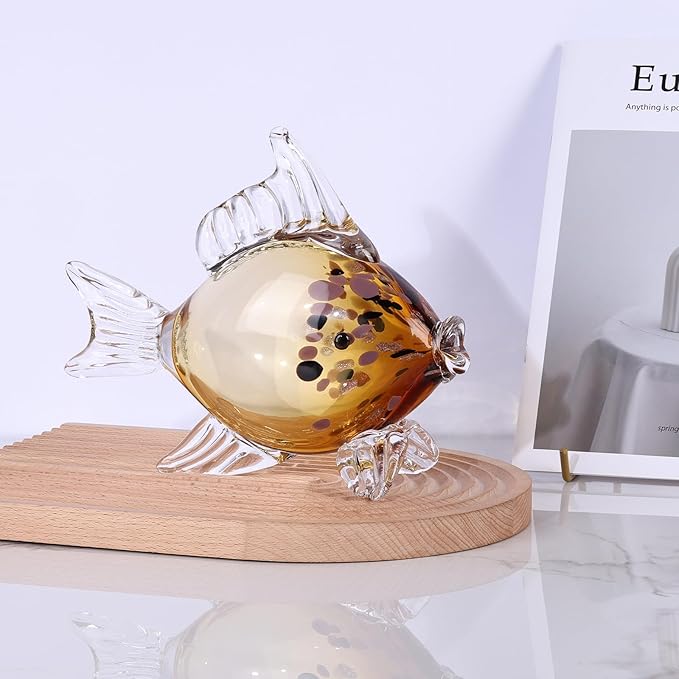 Amber Gold Blown Glass Fish Figurine – Handcrafted Art Glass Animal Sculpture, Ocean Coastal Home Decor, Elegant Ornament for Tabletop or Bookshelf Display (H)