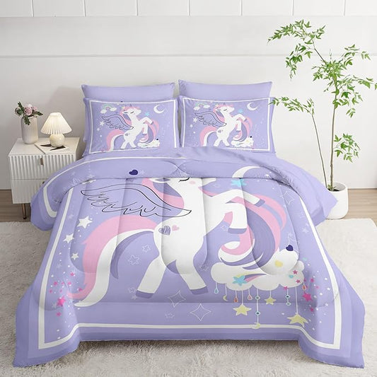 7Pcs Comforter Set Cartoon Purple Unicorn Printed Bedding Set with 1 Comforter,1 Flat Sheet,1 Fitted Sheet and 4 Pillowcases for Boys and Girls Bedroom All Season(Queen)