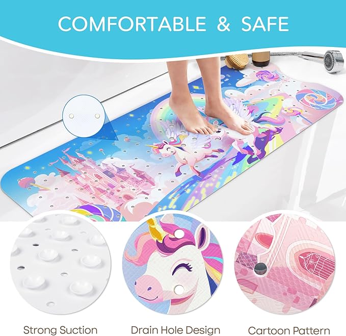 SHUCHING Baby Bath Mat for Tub Non Slip-40 X 16 Inch, Extra Long Kids Bathtub Mat Non Slip, Girl Shower Mat Anti Slip for Bathroom, Machine Washable,Rainbow Unicorn