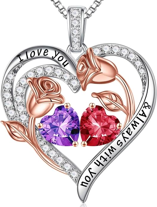 Iefil Valentines Day Gifts for Her - 925 Sterling Silver Rose Heart Birthstone Necklace Birthday Anniversary Jewelry Gifts for Her Wife Mom Daughter